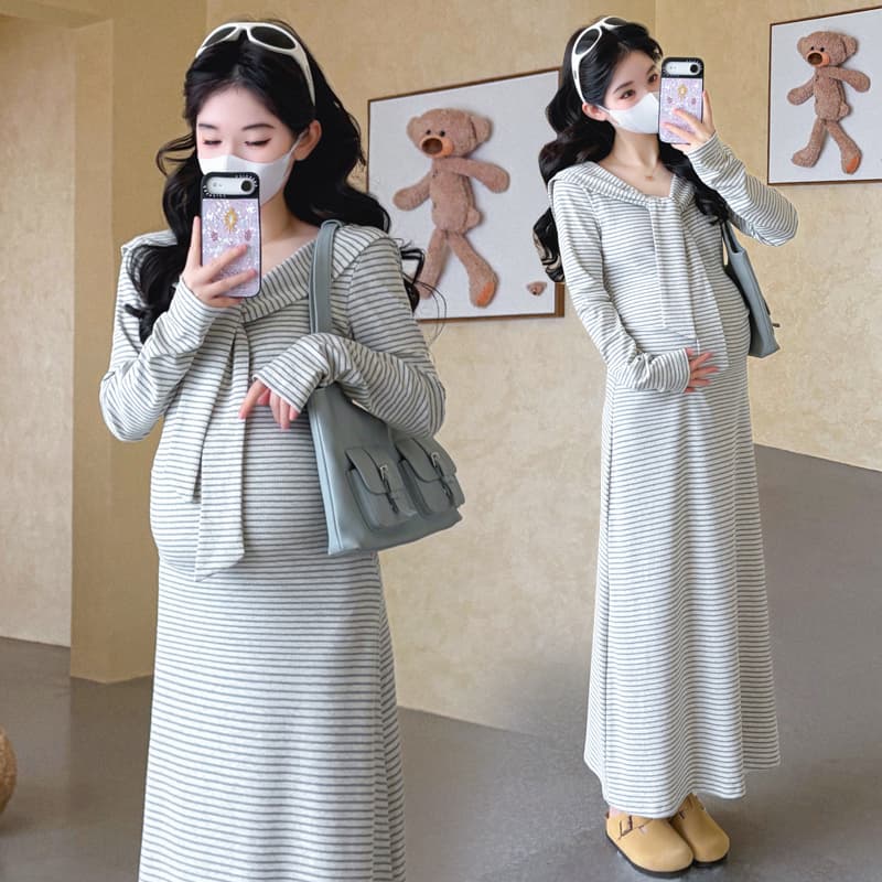실사 선물 2026 가을 새로운 임산부 스트라이프 페이크 레이어드 숄 허리 수축 표지 고기 슬림해 보이는 롱 스커트 드레스 이미지 4