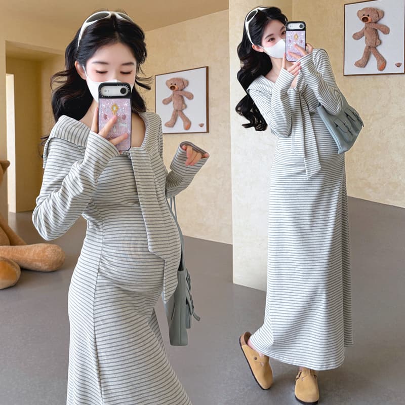 실사 선물 2026 가을 새로운 임산부 스트라이프 페이크 레이어드 숄 허리 수축 표지 고기 슬림해 보이는 롱 스커트 드레스 이미지 5