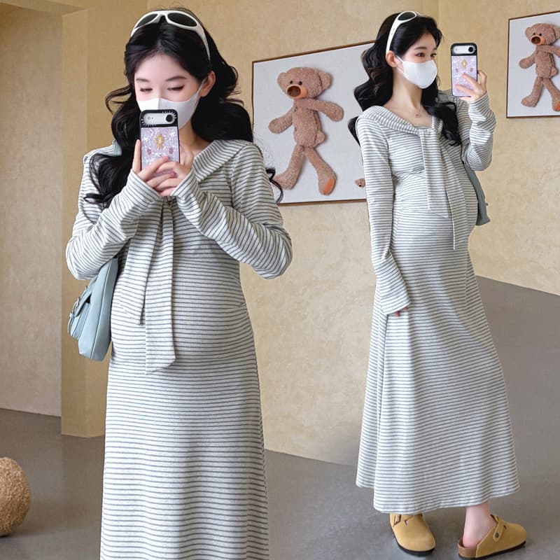 실사 선물 2026 가을 새로운 임산부 스트라이프 페이크 레이어드 숄 허리 수축 표지 고기 슬림해 보이는 롱 스커트 드레스 이미지 6