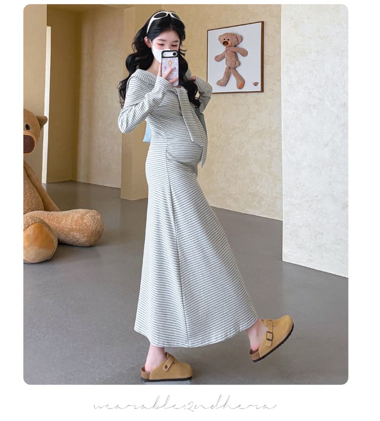 실사 선물 2026 가을 새로운 임산부 스트라이프 페이크 레이어드 숄 허리 수축 표지 고기 슬림해 보이는 롱 스커트 드레스 상세 이미지 13