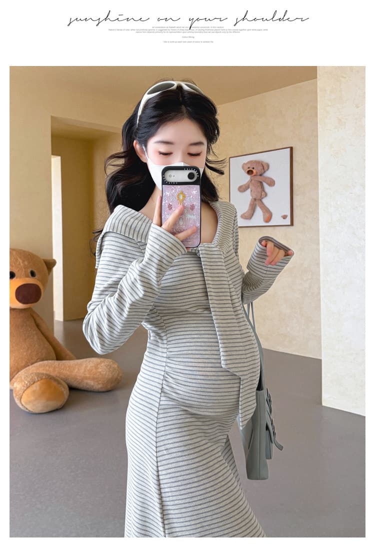 실사 선물 2026 가을 새로운 임산부 스트라이프 페이크 레이어드 숄 허리 수축 표지 고기 슬림해 보이는 롱 스커트 드레스 상세 이미지 18