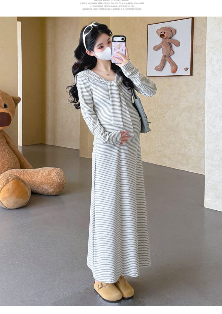 실사 선물 2026 가을 새로운 임산부 스트라이프 페이크 레이어드 숄 허리 수축 표지 고기 슬림해 보이는 롱 스커트 드레스 상세 이미지 20