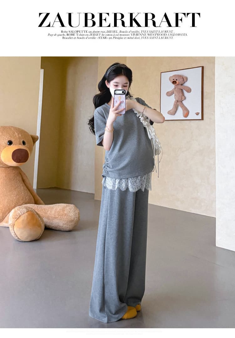 선물 실사 2026 여름 새로운 임산부 레이스 조각 랩스커트팬츠 후드티 와이드 레그 팬츠 느긋한 루즈핏 세트 상세 이미지 29