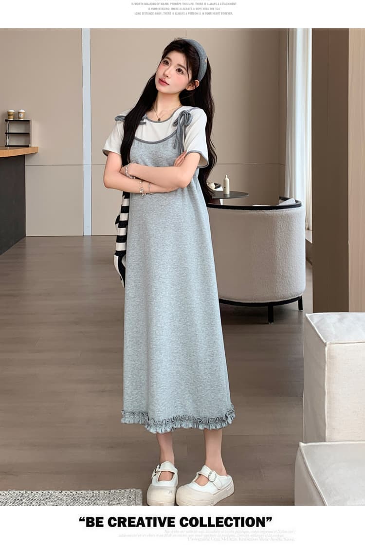 실사 2026 여름 새로운 미니멀리즘 레이스 페이크 레이어드 끈 고급 센스 루즈핏 슬림해 보이는 임산부 드레스 상세 이미지 28