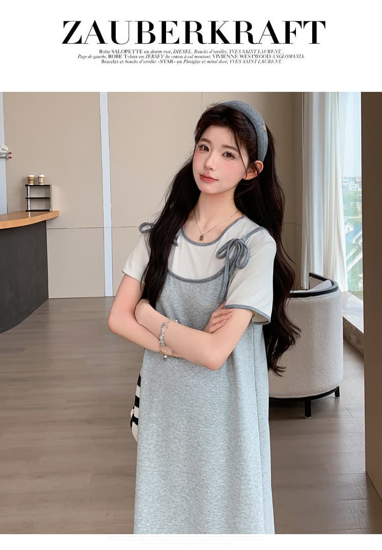 실사 2026 여름 새로운 미니멀리즘 레이스 페이크 레이어드 끈 고급 센스 루즈핏 슬림해 보이는 임산부 드레스 상세 이미지 30