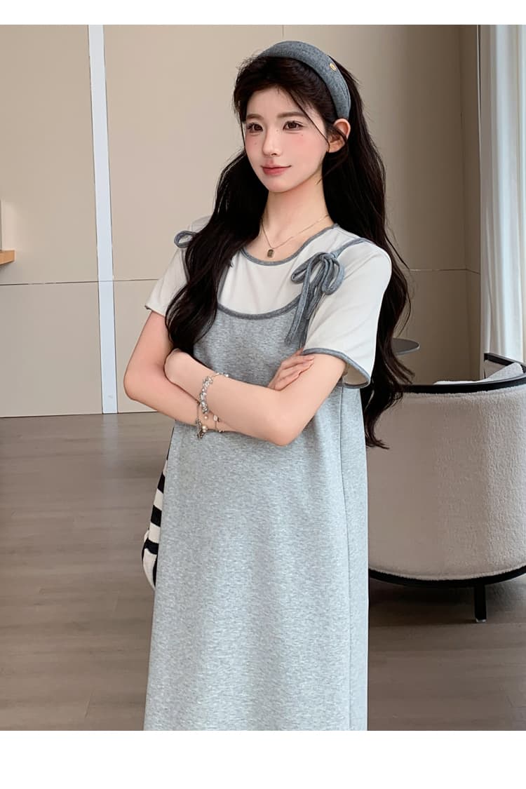 실사 2026 여름 새로운 미니멀리즘 레이스 페이크 레이어드 끈 고급 센스 루즈핏 슬림해 보이는 임산부 드레스 상세 이미지 31