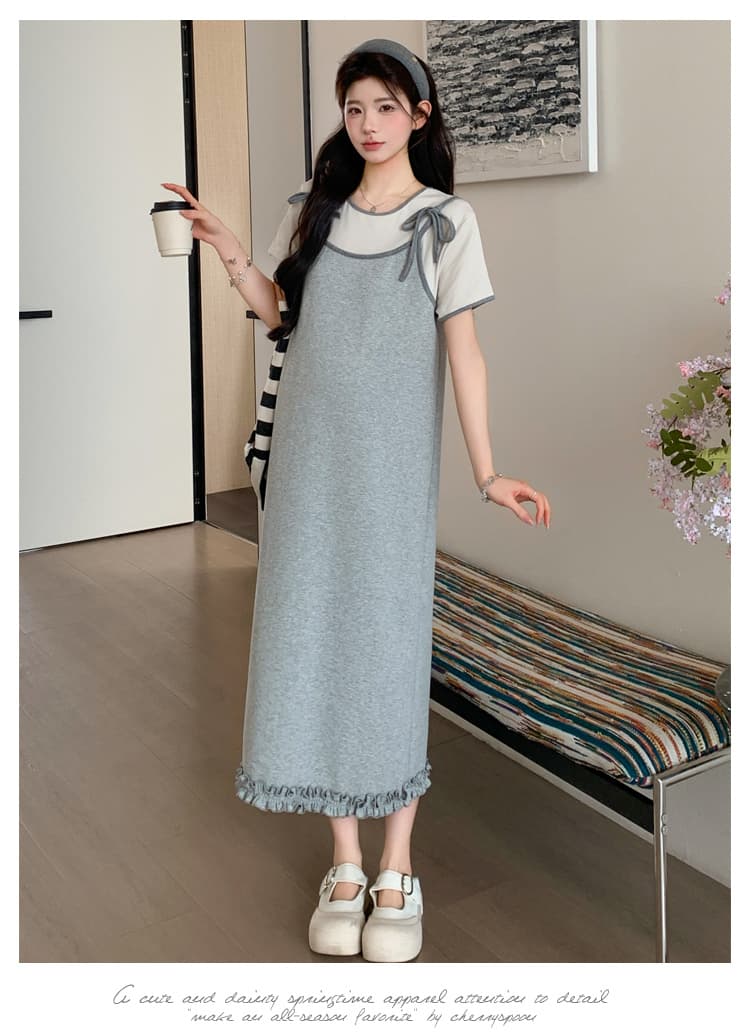 실사 2026 여름 새로운 미니멀리즘 레이스 페이크 레이어드 끈 고급 센스 루즈핏 슬림해 보이는 임산부 드레스 상세 이미지 32