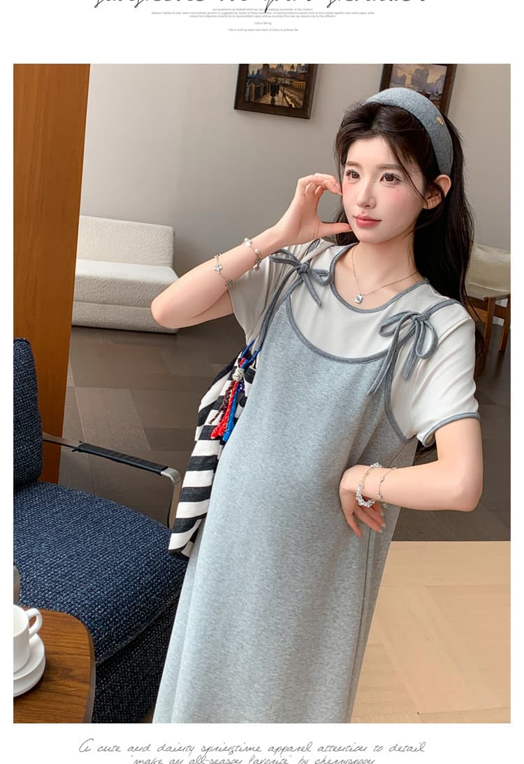 실사 2026 여름 새로운 미니멀리즘 레이스 페이크 레이어드 끈 고급 센스 루즈핏 슬림해 보이는 임산부 드레스 상세 이미지 39