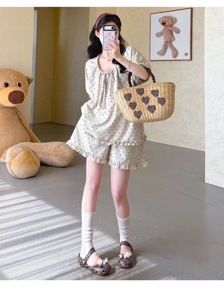 지금 실사 여름 새로운 임산부 도트 무늬 펌프 로프 프릴 맨위 임산부 수 있습니다. 조정 반바지 세트 상세 이미지 21
