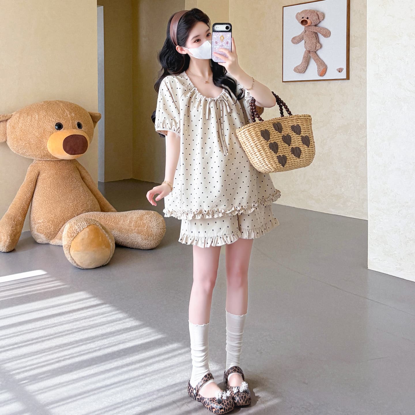 지금 실사 여름 새로운 임산부 도트 무늬 펌프 로프 프릴 맨위 임산부 수 있습니다. 조정 반바지 세트 이미지 6