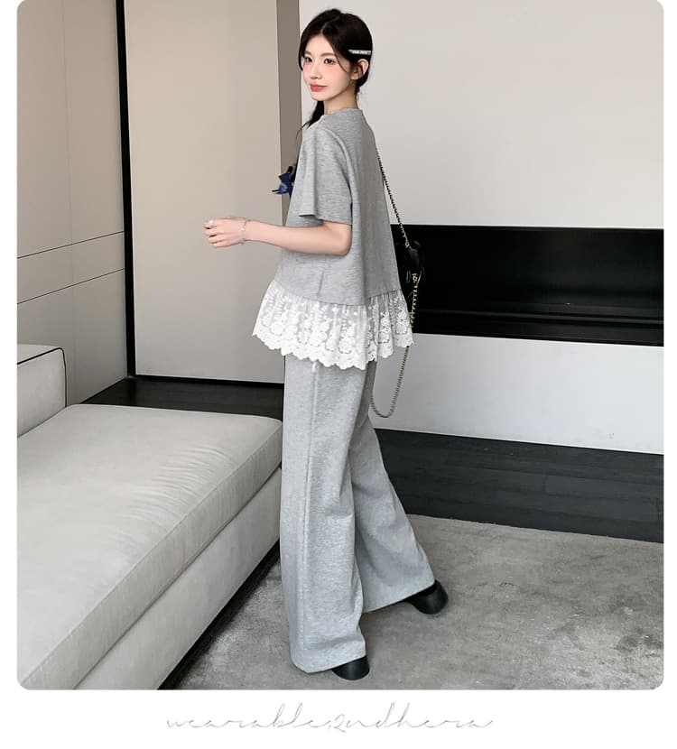 선물 실사 2026 여름 새로운 임산부 티셔츠 레이스 조각 부츠컷 와이드 레그 팬츠 바지 느긋한 루즈핏 세트 상세 이미지 30