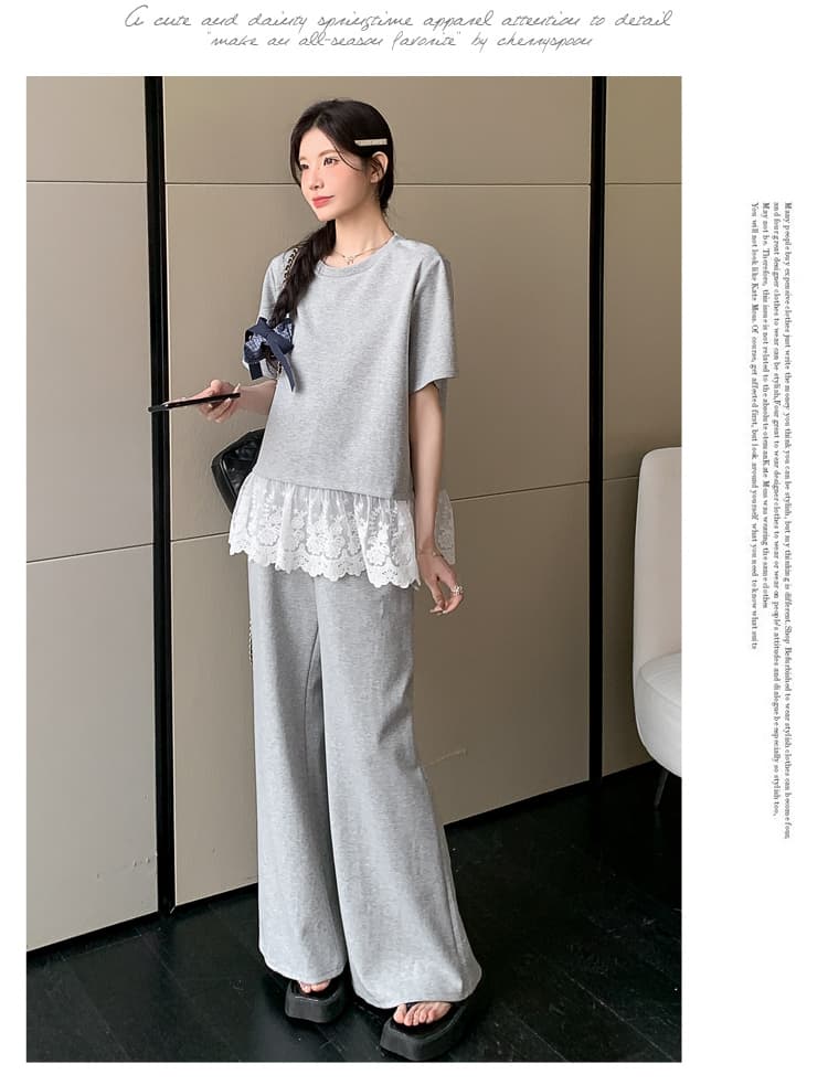 선물 실사 2026 여름 새로운 임산부 티셔츠 레이스 조각 부츠컷 와이드 레그 팬츠 바지 느긋한 루즈핏 세트 상세 이미지 35