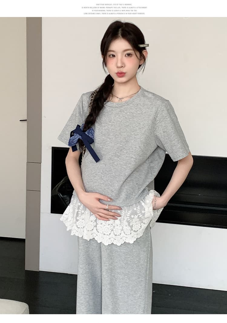 선물 실사 2026 여름 새로운 임산부 티셔츠 레이스 조각 부츠컷 와이드 레그 팬츠 바지 느긋한 루즈핏 세트 상세 이미지 36