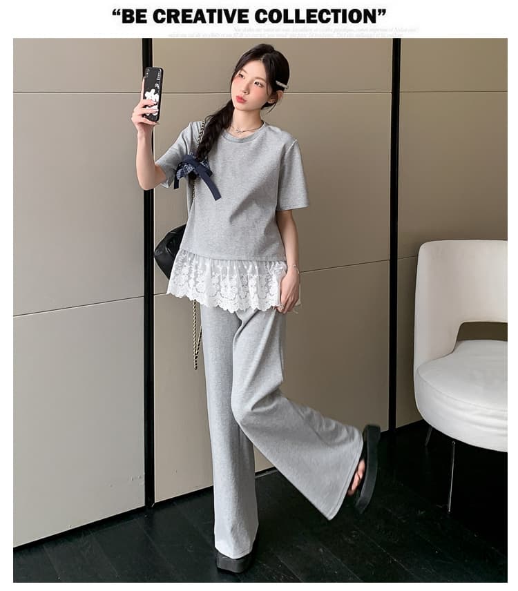 선물 실사 2026 여름 새로운 임산부 티셔츠 레이스 조각 부츠컷 와이드 레그 팬츠 바지 느긋한 루즈핏 세트 상세 이미지 37