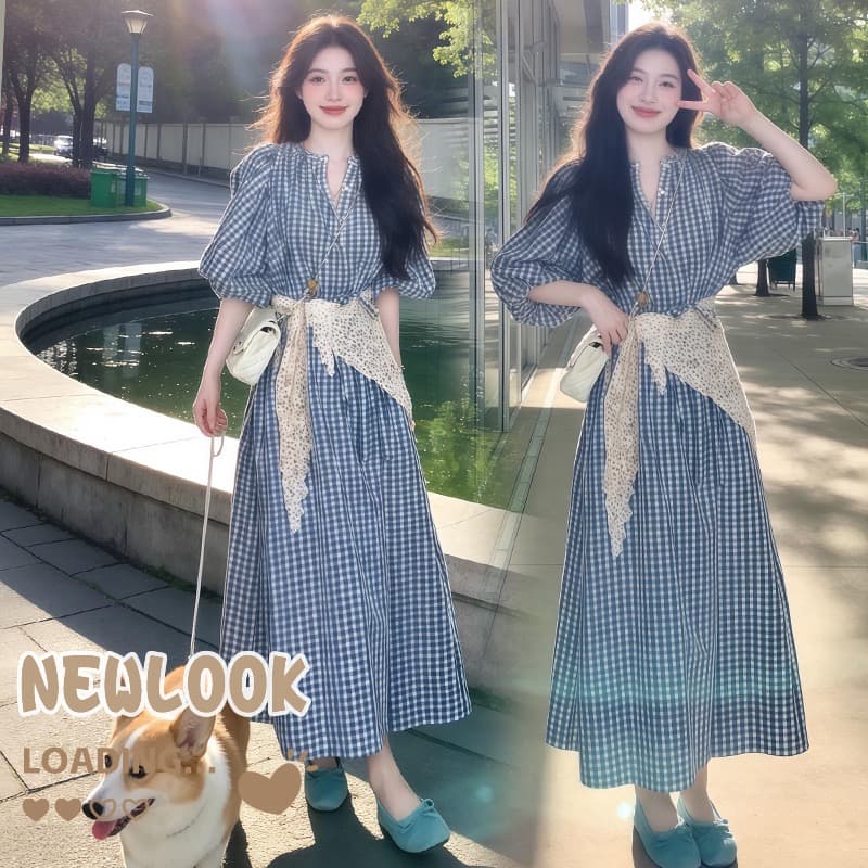 지금 지금 2026 여름 새로운 임신 엄마 거품 소매 프랑스식 레트로 체크무늬 드레스 미니멀리즘 관대 한 휴가 치마 상세 이미지 2