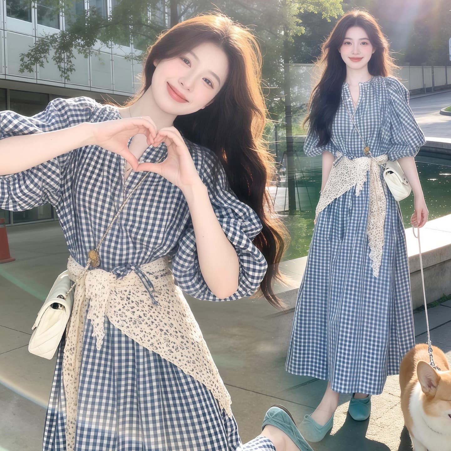 지금 지금 2026 여름 새로운 임신 엄마 거품 소매 프랑스식 레트로 체크무늬 드레스 미니멀리즘 관대 한 휴가 치마 상세 이미지 3