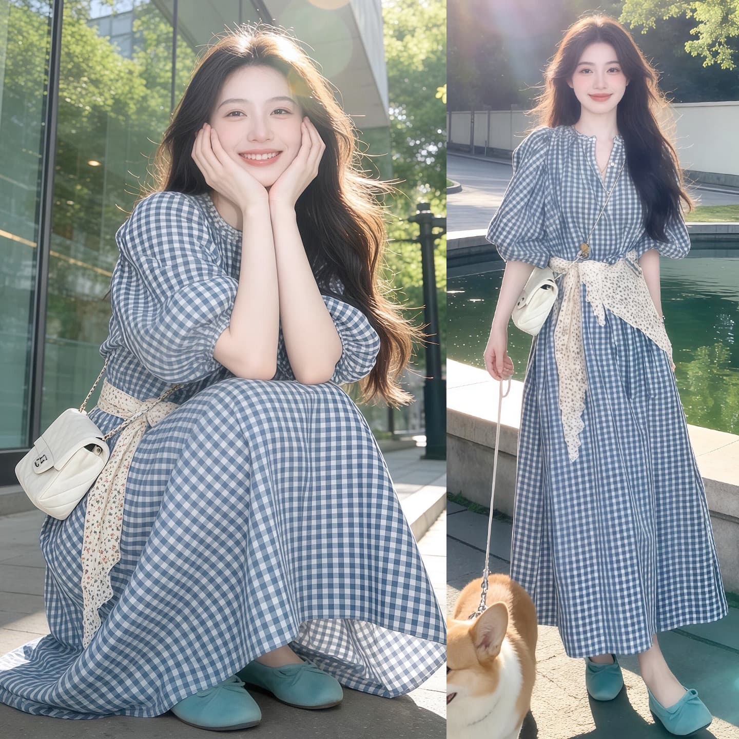 지금 지금 2026 여름 새로운 임신 엄마 거품 소매 프랑스식 레트로 체크무늬 드레스 미니멀리즘 관대 한 휴가 치마 상세 이미지 4