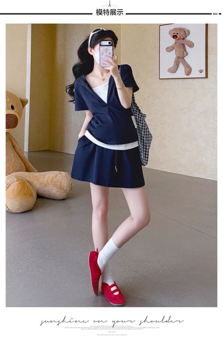 실사 2026 임산부 여름 페이크 레이어드 후드 지퍼 캐주얼 맨위 반 스커트 수 있습니다. 조정 허리 둘레 세트 상세 이미지 10