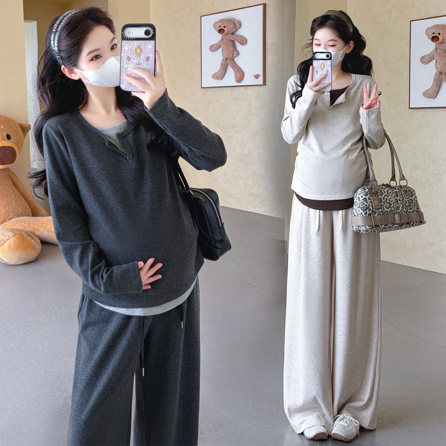 신제품 2026 가을 겨울 임산부 페이크 레이어드 핀치 Pleat 허리 수축 배색 맨위 와이드 레그 팬츠 세트 돼지 코 버클 조정 이미지 5