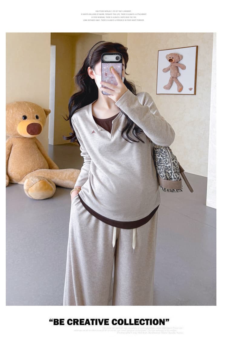 신제품 2026 가을 겨울 임산부 페이크 레이어드 핀치 Pleat 허리 수축 배색 맨위 와이드 레그 팬츠 세트 돼지 코 버클 조정 상세 이미지 19