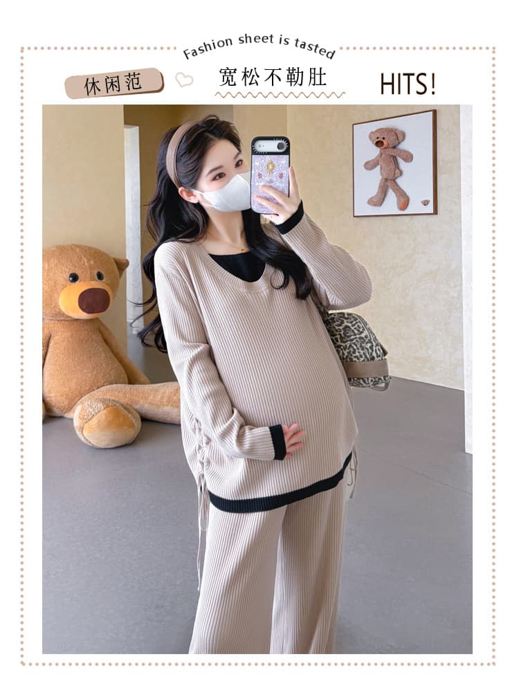 신제품 실사 2026 가을 겨울 임산부 페이크 레이어드 펌프 로프 니트 와이드 레그 팬츠 느긋한 패션 루즈핏 세트 상세 이미지 2