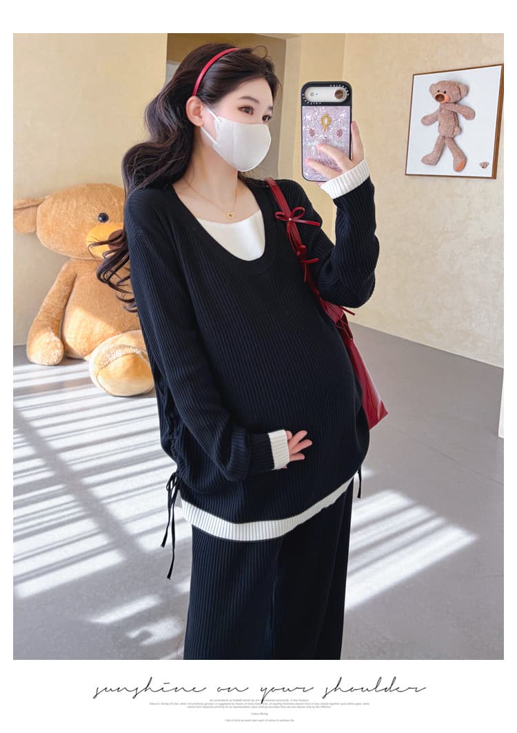 신제품 실사 2026 가을 겨울 임산부 페이크 레이어드 펌프 로프 니트 와이드 레그 팬츠 느긋한 패션 루즈핏 세트 상세 이미지 20