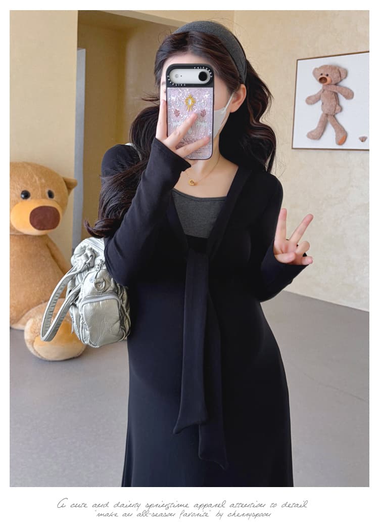 신제품 실사 6 임산부 양모 프로 피부 부서 칼라 페이크 레이어드 패치워크 버전 표지 고기 슬림해 보이는 몸매 가꾸기 드레스 상세 이미지 31