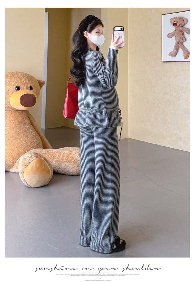 가을 겨울 신제품 임산부 클래식 레트로 스트라이프 배색 레이스업 디자인 와이드 레그 팬츠 니트 스웨터 루즈핏 세트 상세 이미지 31