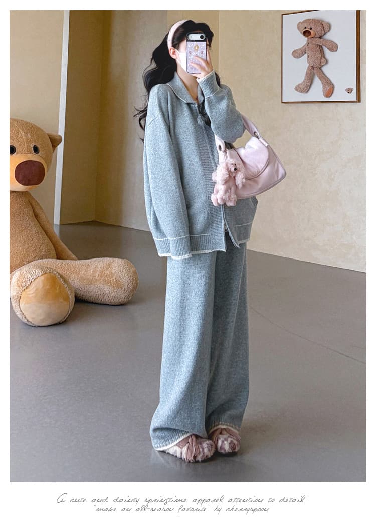 가을 겨울 신제품 실사 폴로 칼라 술 지퍼 배색 스웨터 오픈 가디건 캐주얼 와이드 레그 팬츠 패션 세트 상세 이미지 11