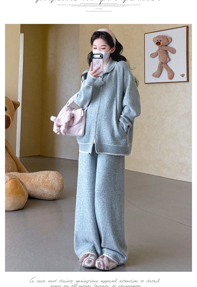 가을 겨울 신제품 실사 폴로 칼라 술 지퍼 배색 스웨터 오픈 가디건 캐주얼 와이드 레그 팬츠 패션 세트 상세 이미지 18