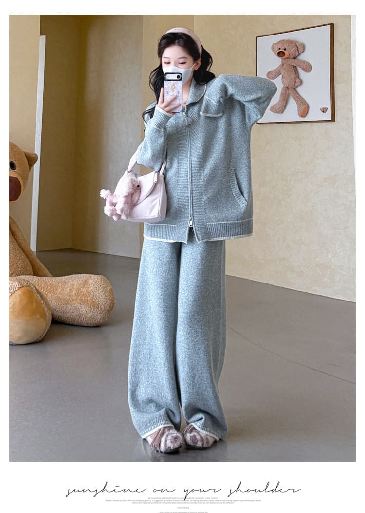 가을 겨울 신제품 실사 폴로 칼라 술 지퍼 배색 스웨터 오픈 가디건 캐주얼 와이드 레그 팬츠 패션 세트 상세 이미지 22