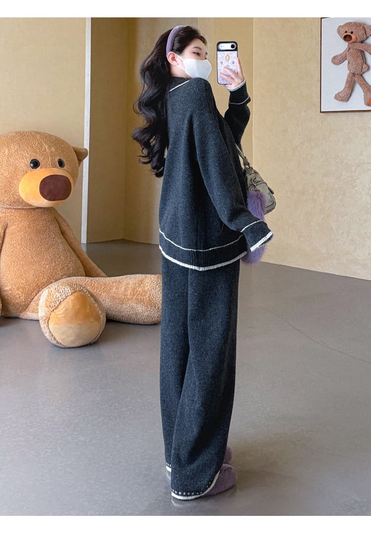 가을 겨울 신제품 실사 폴로 칼라 술 지퍼 배색 스웨터 오픈 가디건 캐주얼 와이드 레그 팬츠 패션 세트 상세 이미지 28