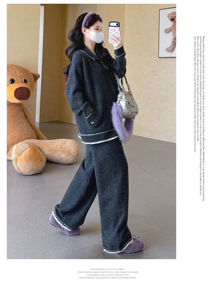 가을 겨울 신제품 실사 폴로 칼라 술 지퍼 배색 스웨터 오픈 가디건 캐주얼 와이드 레그 팬츠 패션 세트 상세 이미지 30