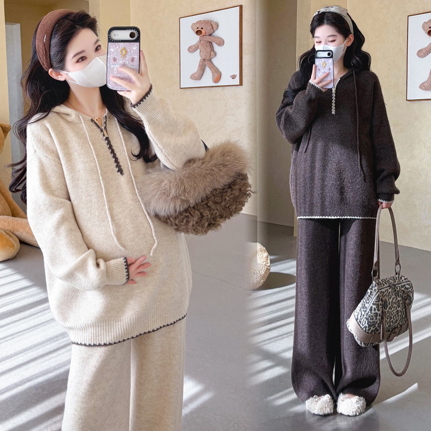 가을 겨울 신제품 임산부 후드 하프 지퍼 오래된 돈 바람 느긋한 배색 패션 스웨터 와이드 레그 팬츠 패션 세트 이미지 5