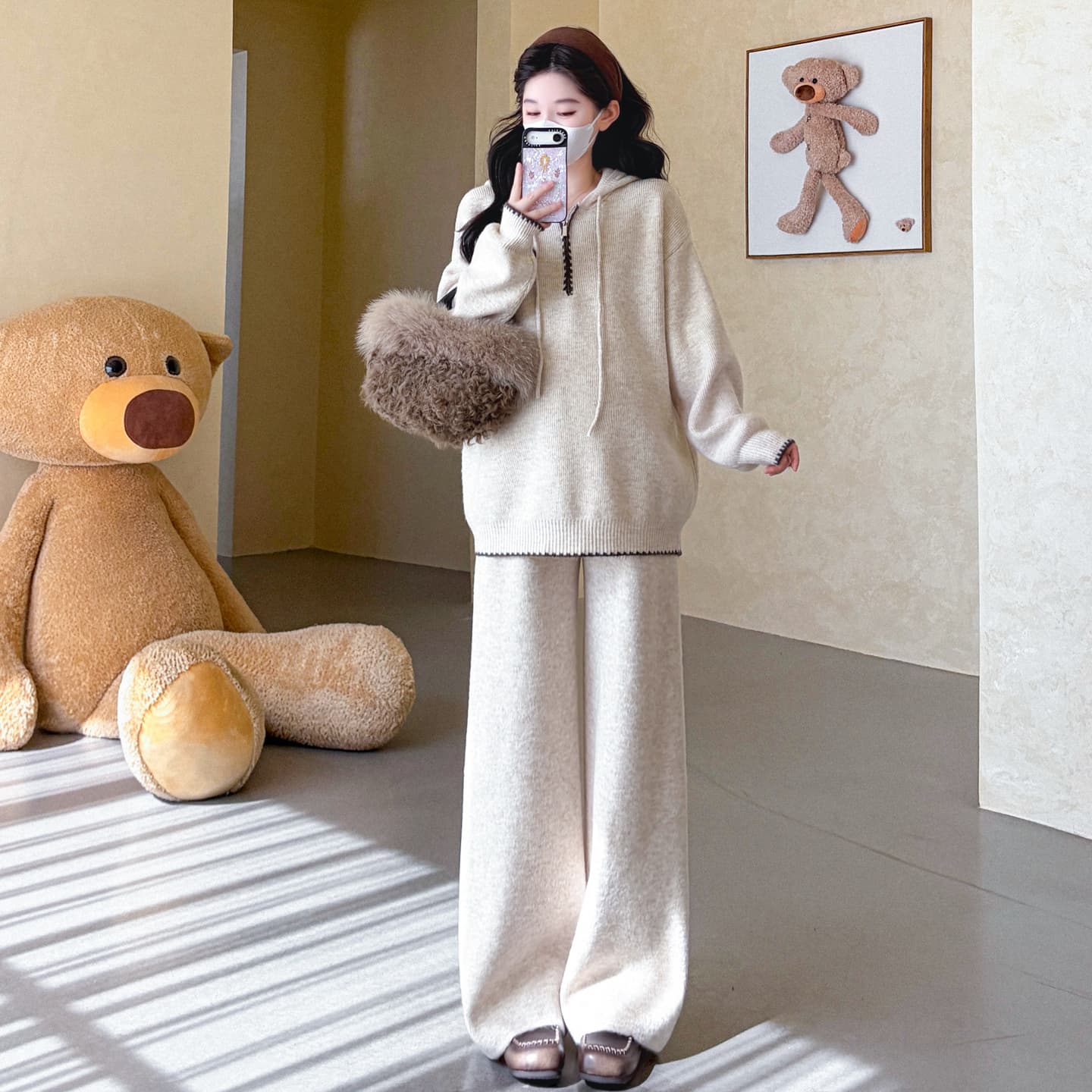 가을 겨울 신제품 임산부 후드 하프 지퍼 오래된 돈 바람 느긋한 배색 패션 스웨터 와이드 레그 팬츠 패션 세트 이미지 6