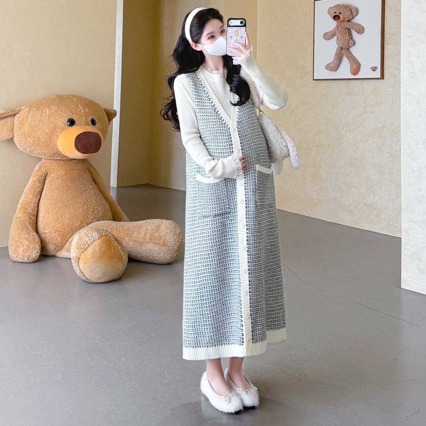 가을 겨울 신제품 임산부 작은 샤넬 스타일 링 그리드 열기 버클 스웨터 베스트 치마 레이스 반하이넥 니트 만나는 이미지 6