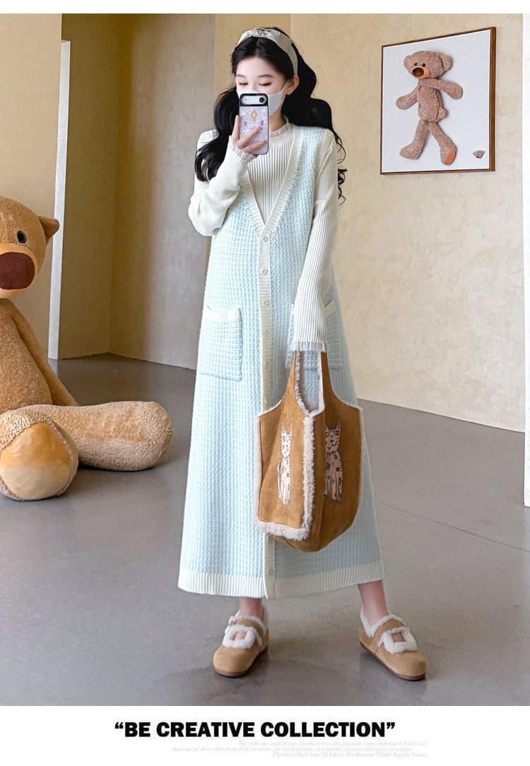 가을 겨울 신제품 임산부 작은 샤넬 스타일 링 그리드 열기 버클 스웨터 베스트 치마 레이스 반하이넥 니트 만나는 상세 이미지 38