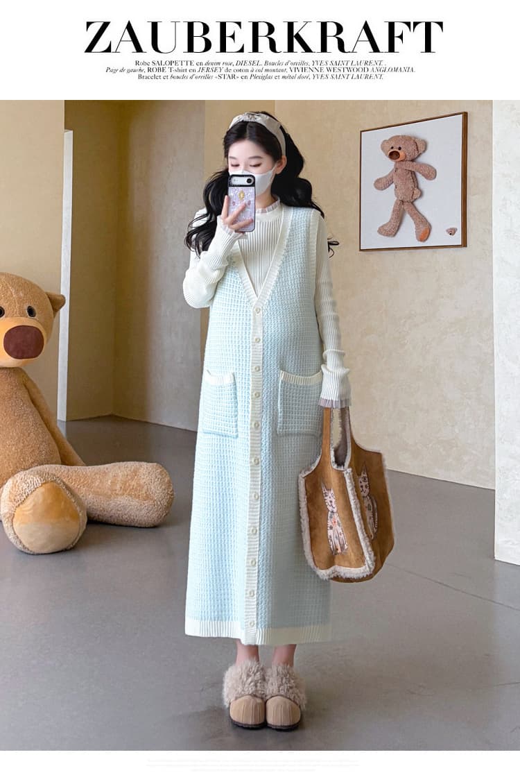 가을 겨울 신제품 임산부 작은 샤넬 스타일 링 그리드 열기 버클 스웨터 베스트 치마 레이스 반하이넥 니트 만나는 상세 이미지 39