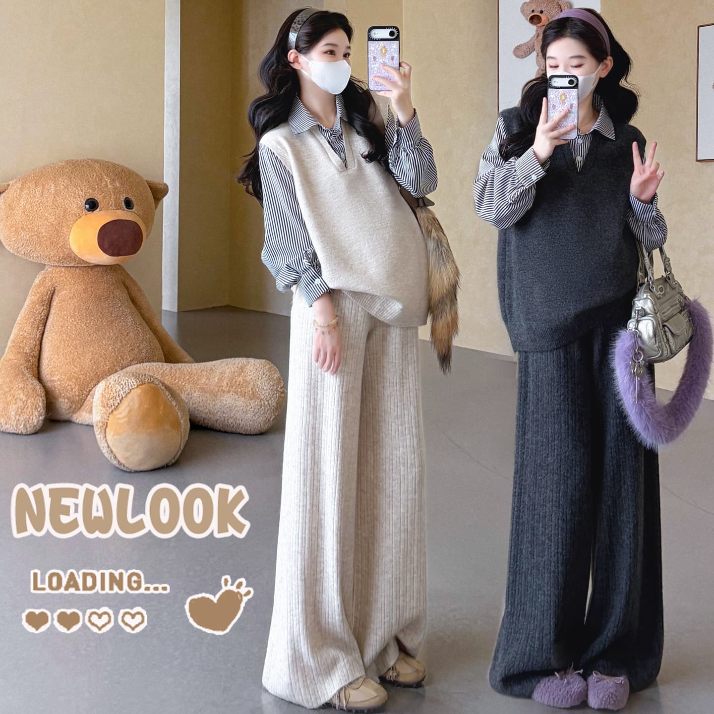 신제품 실사 2026 임산부 가을 겨울 셔츠 패치워크 열기 버클 캐주얼 섹션 패션 와이드 레그 팬츠 세트 슬림해 보이는 이미지 2