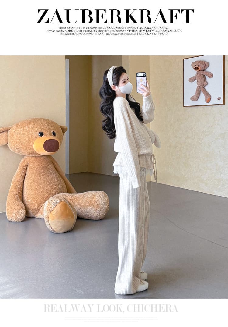 가을 겨울 신제품 지금 실사 임산부 레이스 조각 레이스업 디자인 와이드 레그 팬츠 니트 스웨터 루즈핏 세트 상세 이미지 18