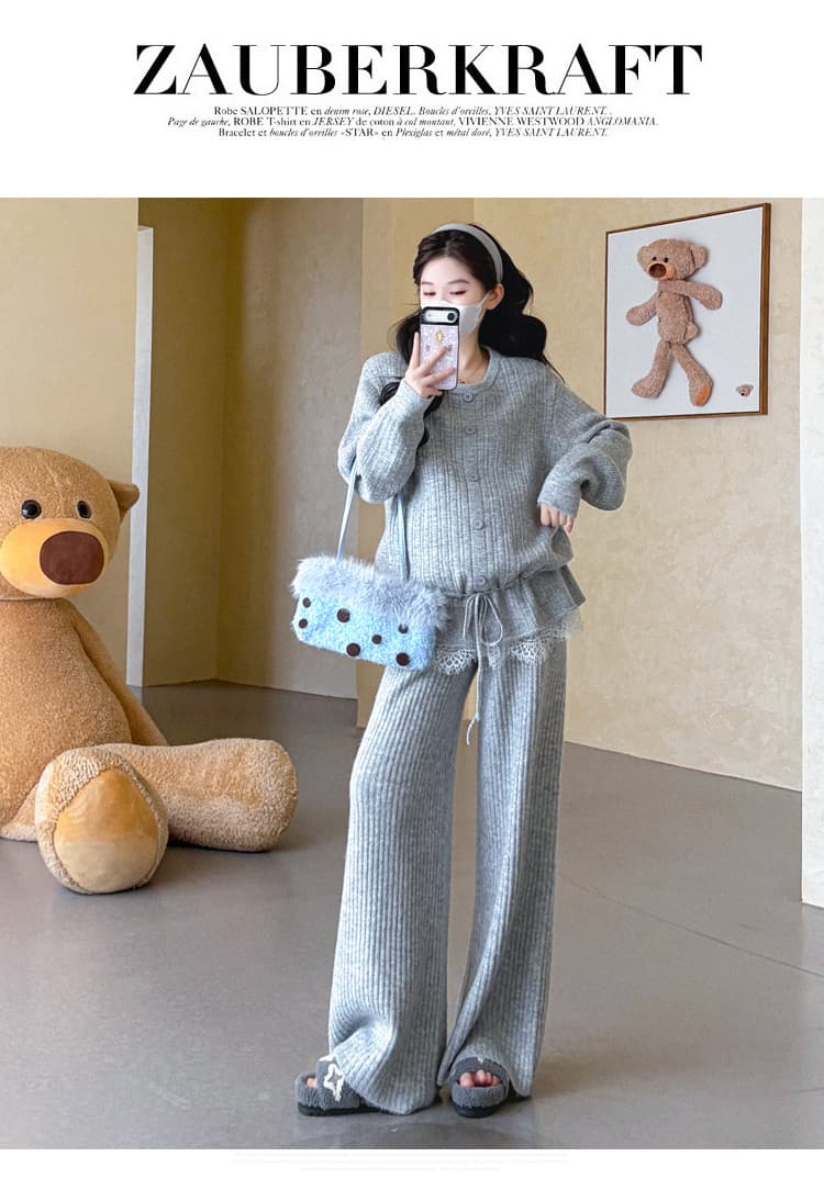 가을 겨울 신제품 지금 실사 임산부 레이스 조각 레이스업 디자인 와이드 레그 팬츠 니트 스웨터 루즈핏 세트 상세 이미지 39