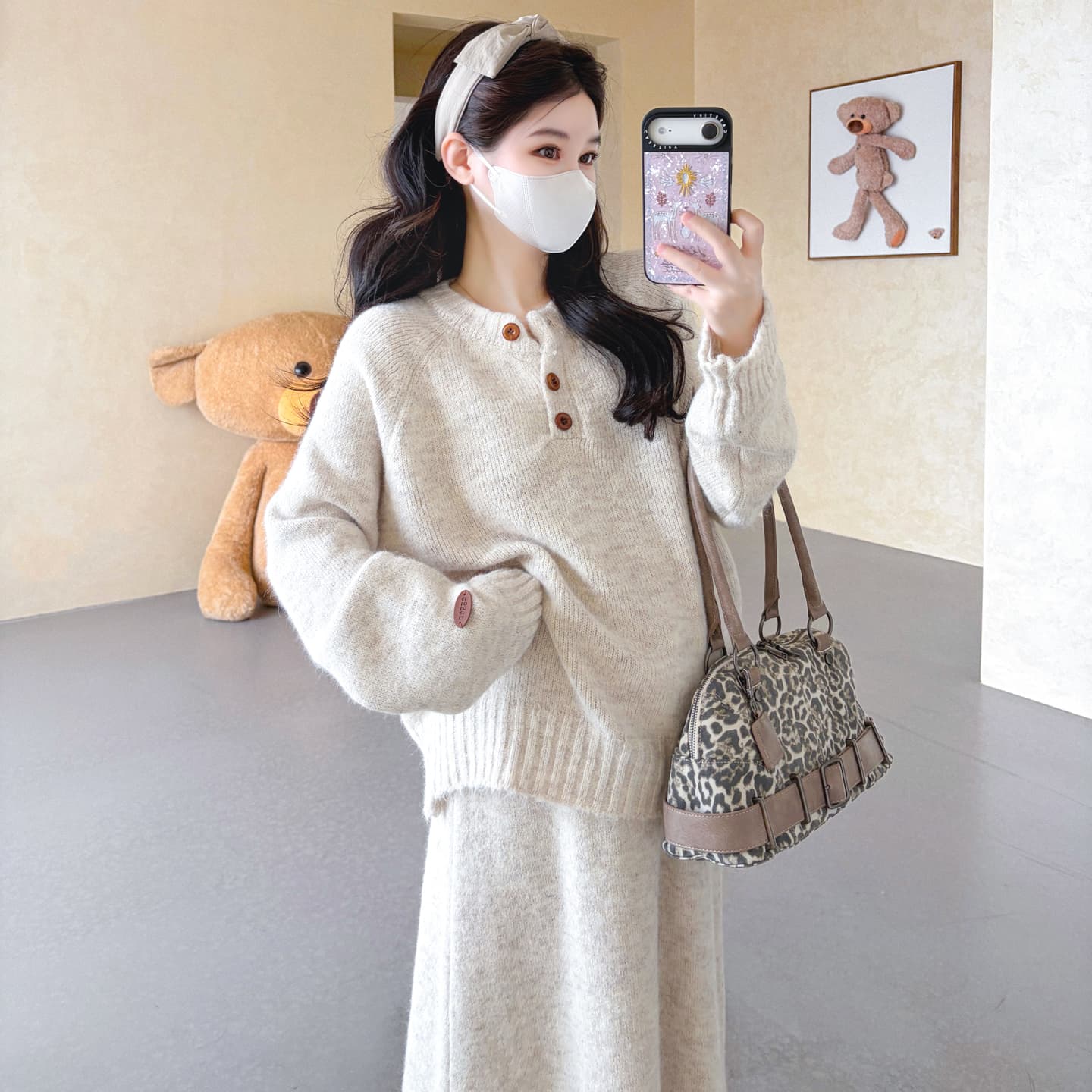가을 겨울 신제품 지금 실사 임산부 열기 버클 디자인 센스 품격 한국 스타일 슬림해 보이는 오픈 가디건 반신 스커트 스웨터 세트 이미지 6