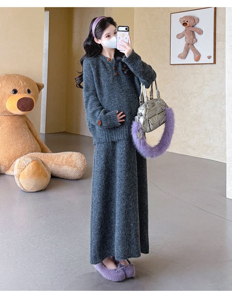 가을 겨울 신제품 지금 실사 임산부 열기 버클 디자인 센스 품격 한국 스타일 슬림해 보이는 오픈 가디건 반신 스커트 스웨터 세트 상세 이미지 18