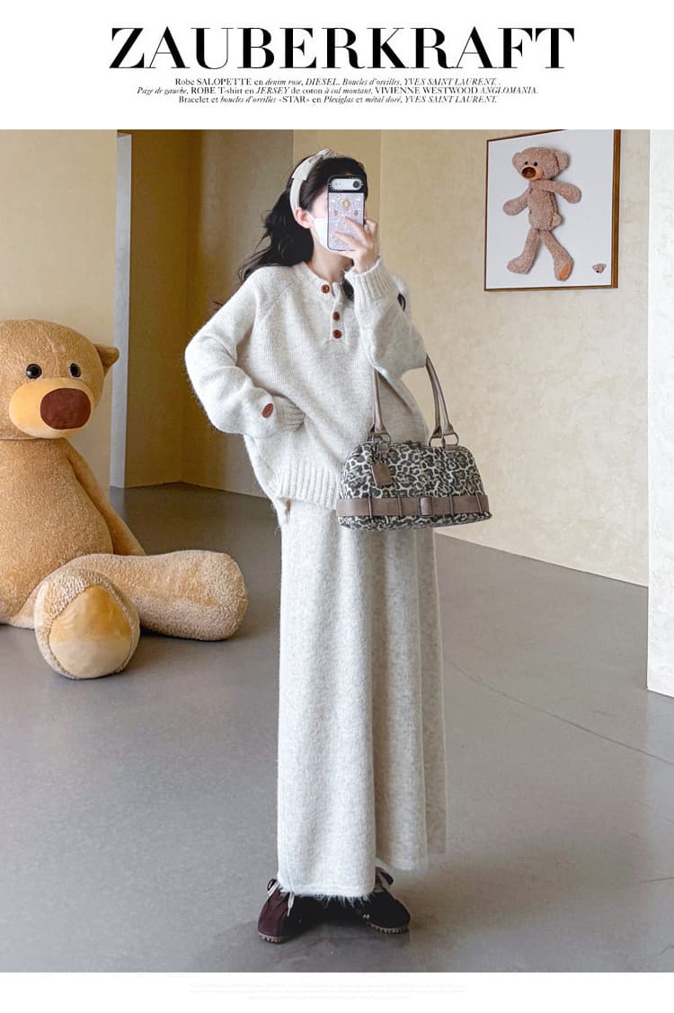 가을 겨울 신제품 지금 실사 임산부 열기 버클 디자인 센스 품격 한국 스타일 슬림해 보이는 오픈 가디건 반신 스커트 스웨터 세트 상세 이미지 40