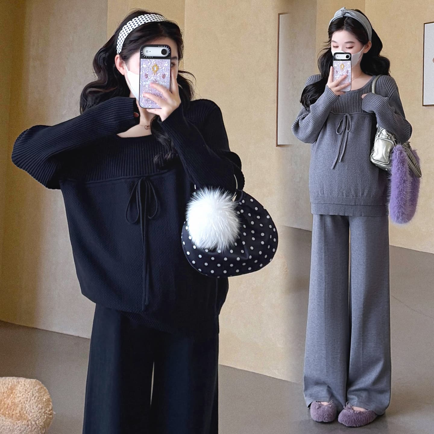 가을 겨울 신제품 지금 실사 임산부 빅 사이즈 풀오버 라운드 넥 끈 느긋한 품격 패션 루즈핏 세트 이미지 5