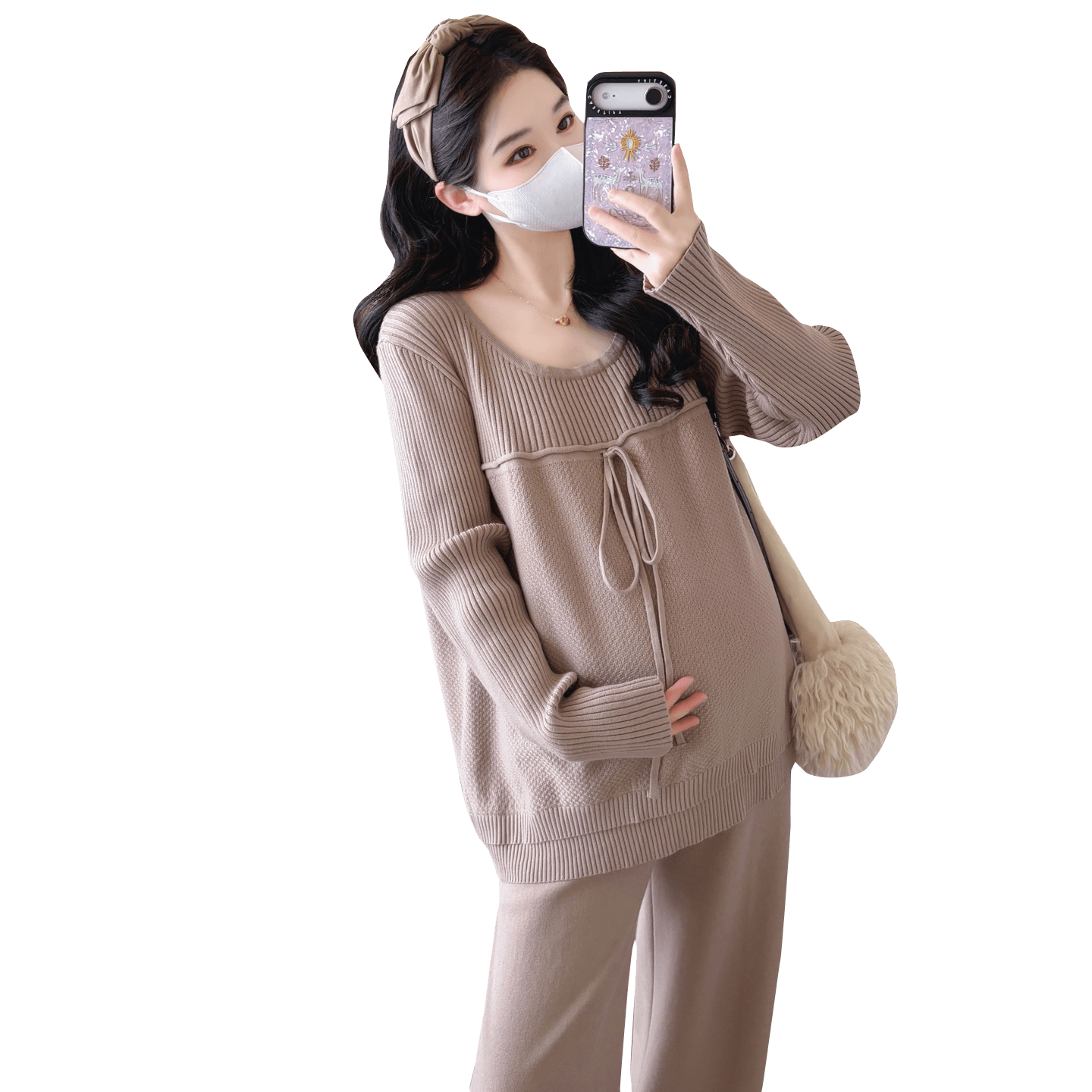 가을 겨울 신제품 지금 실사 임산부 빅 사이즈 풀오버 라운드 넥 끈 느긋한 품격 패션 루즈핏 세트 이미지 6