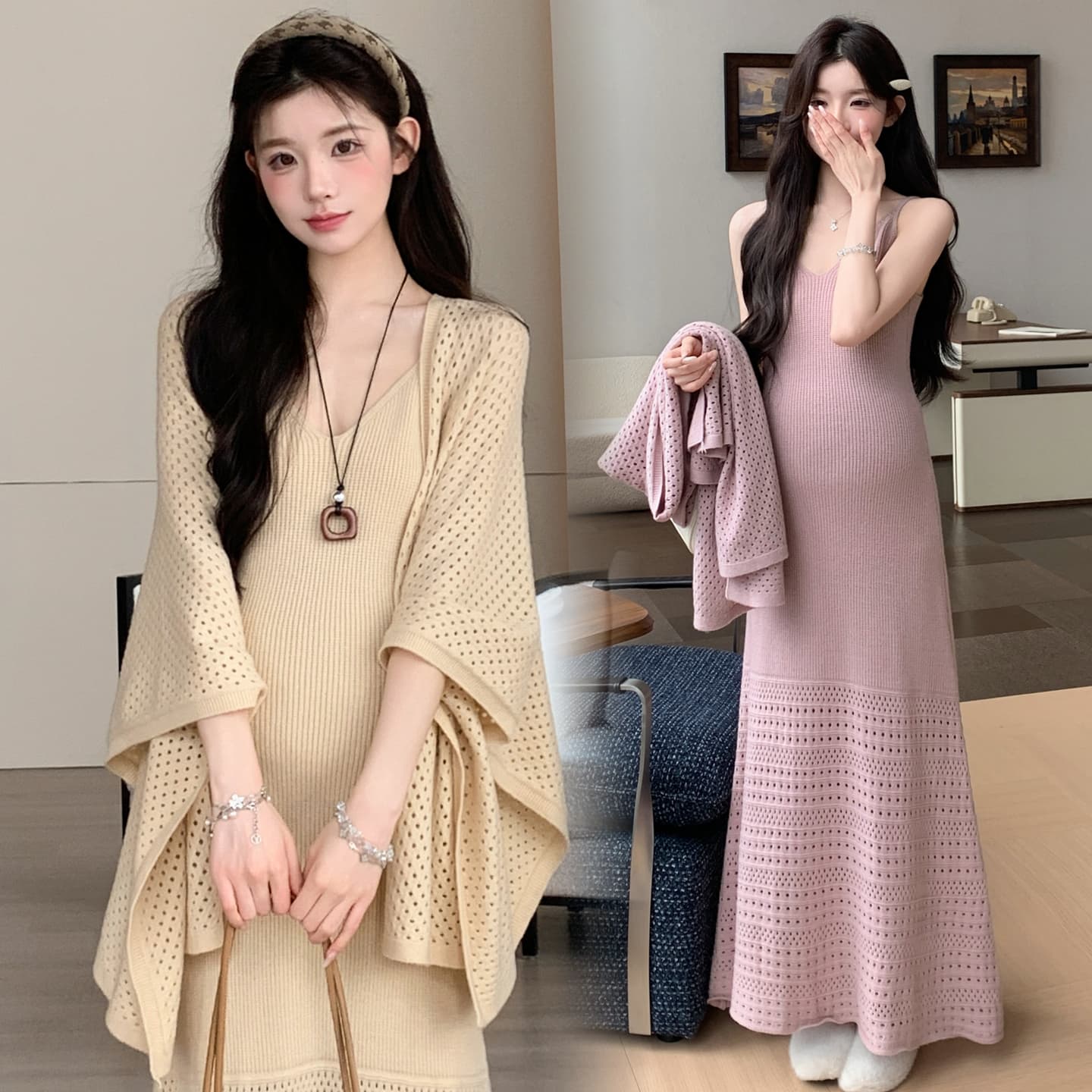 가을 겨울 신제품 실사 지금 고급 품격 느긋한 롱 코트 홀로우 아웃 슬립 홀로우 아웃 숄 투피스 세트 임산부 이미지 5