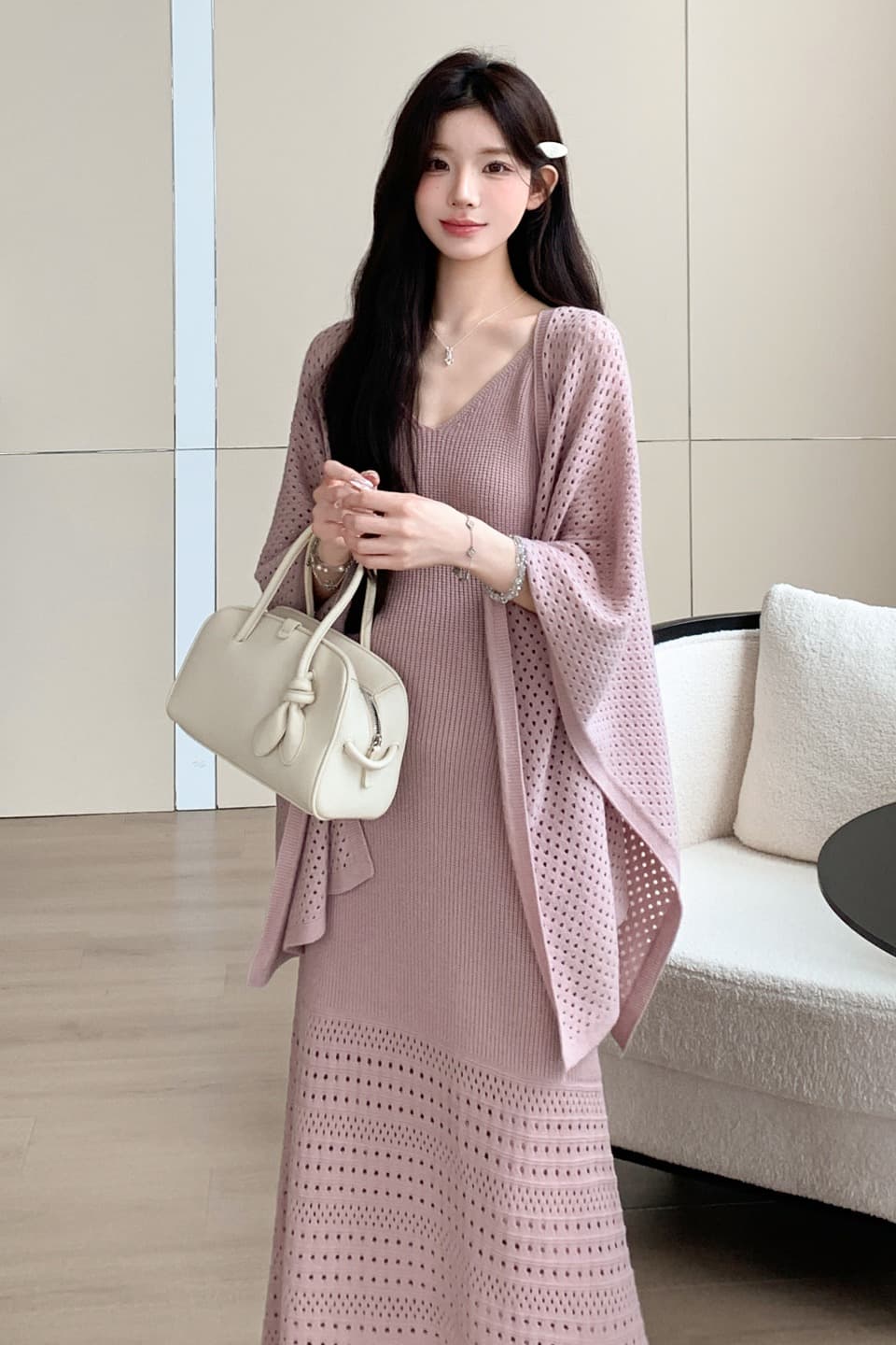 가을 겨울 신제품 실사 지금 고급 품격 느긋한 롱 코트 홀로우 아웃 슬립 홀로우 아웃 숄 투피스 세트 임산부 이미지 7
