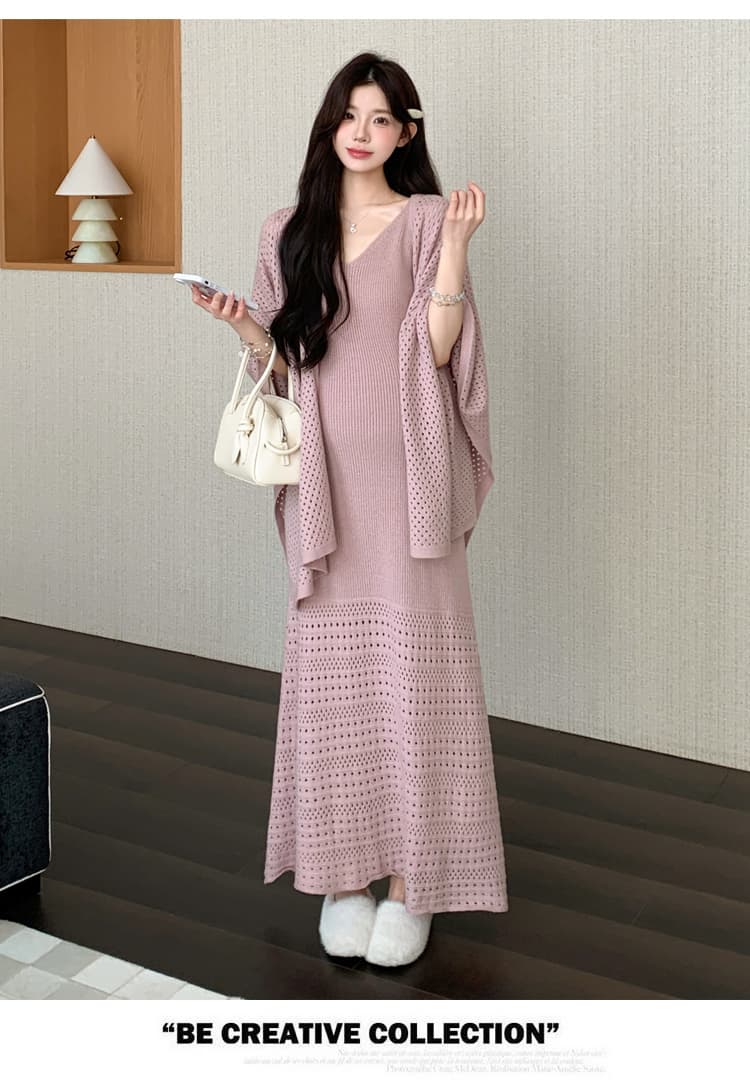 가을 겨울 신제품 실사 지금 고급 품격 느긋한 롱 코트 홀로우 아웃 슬립 홀로우 아웃 숄 투피스 세트 임산부 상세 이미지 14