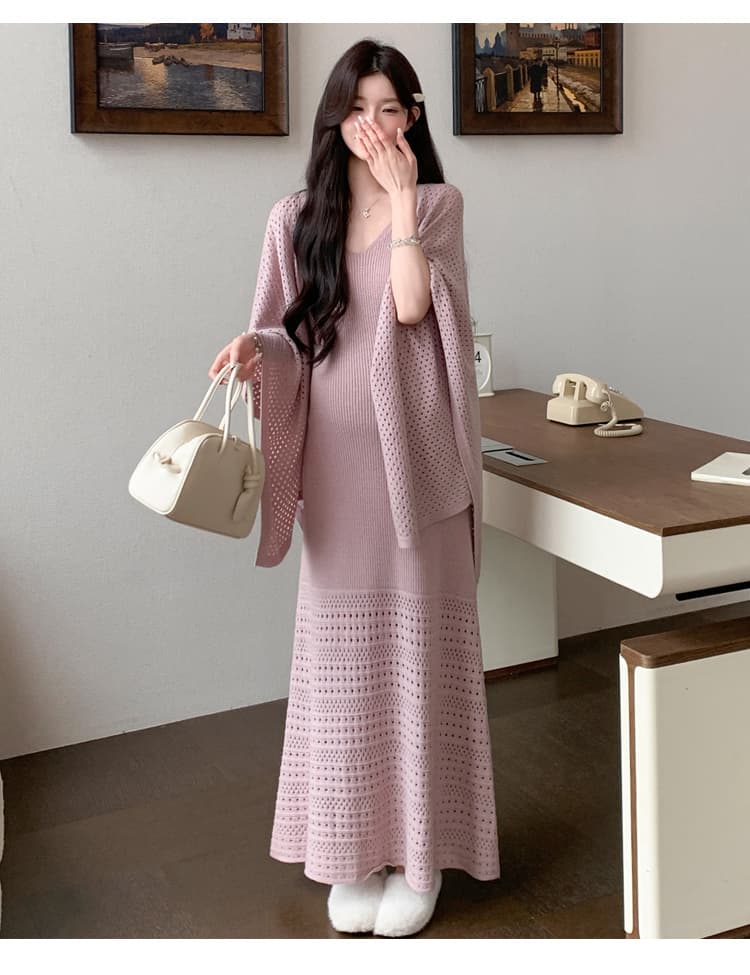 가을 겨울 신제품 실사 지금 고급 품격 느긋한 롱 코트 홀로우 아웃 슬립 홀로우 아웃 숄 투피스 세트 임산부 상세 이미지 22